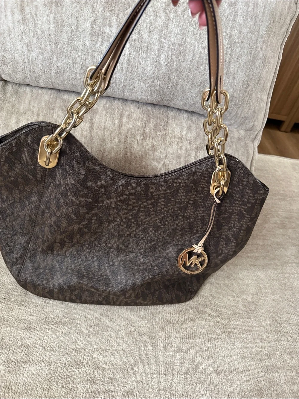 Michael Kors Dark Brown MK Logo Shoulder Bag with Tan Accents